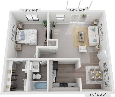 Floor plan for 1 bed, 1 bath, 825 sqft